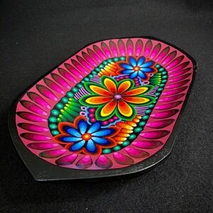 Maria Delfina Toaquiza Tigua Ecuador Hand Painted Wood Floral Tray Folk Art Pink